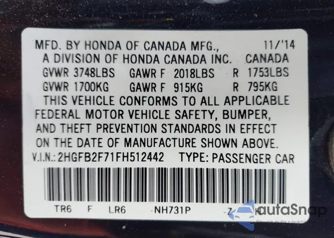 2015 Honda Civic Se from USA, damaged, VIN 2HGFB2F71FH512442